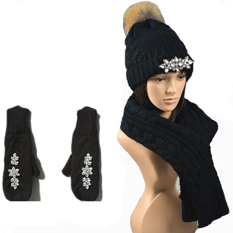 Новинка, зимняя женская шапка, шарф, перчатки, комплект из 3 предметов, теплая вязаная шапка, Зимняя шерстяная шапка с помпонами, шапка из толстой пряжи, блестящие стразы