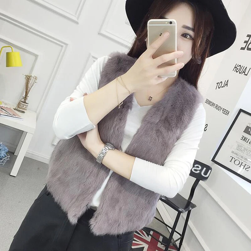 

Real Fur Vest Genuine Rabbit Fur Gilet V neck Classical Women Spring Summer Fur Coat Match Clothing Girls tsr634