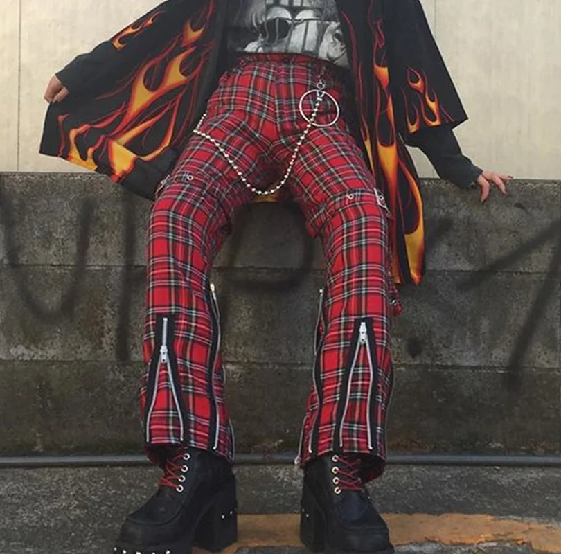 Retro Plaid Harajuku Punk Pants Trousers 2018 Autumn Women Chic Zipper