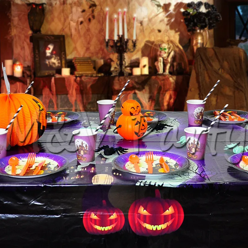 61pcs/lot Castle Print Halloween Theme Party Tablewear Set Disposable Straws Cup Tablecloth Supplies Decorations | Дом и сад