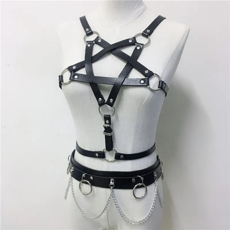 

Punk Faux Leather 2 Pcs Set Women Fashion Pentagram Crop Top Chain Harness Belt Rave Festival Party Two Piece Clubwear Outfits