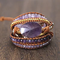 Уникальные качественные женские браслеты, натуральный опал, камень, стразы, 3 ряда, кожаный браслет, необычные женские браслеты в стиле бохо
