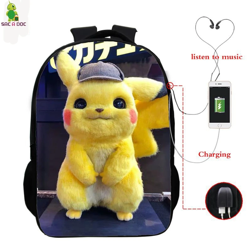 Pokemon детектив Пикачу USB Bagpack 16 дюймов школьные рюкзаки для подростков обувь мальчиков девочек рюкзак Пикачу BookBag Рюкзак для ноутбука