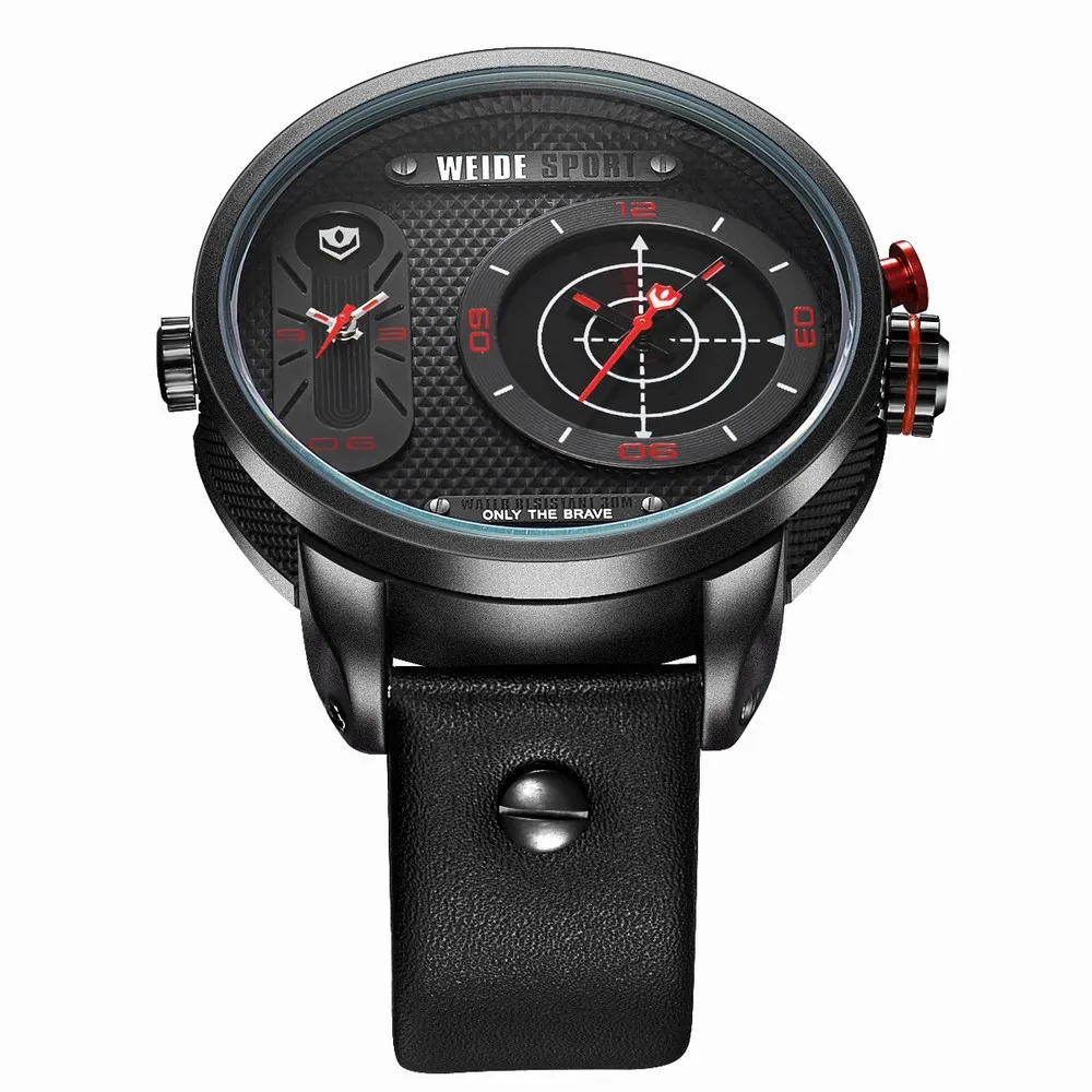 Waterproof! WEIDE Brand Military Watch Big Round Dial Analog Two Time Zones Display Leather Strap Men Army Sports Waches Relogio