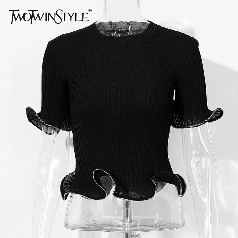 TWOTWINSTYLE летняя черная трикотажная футболка для женщин с круглым вырезом и