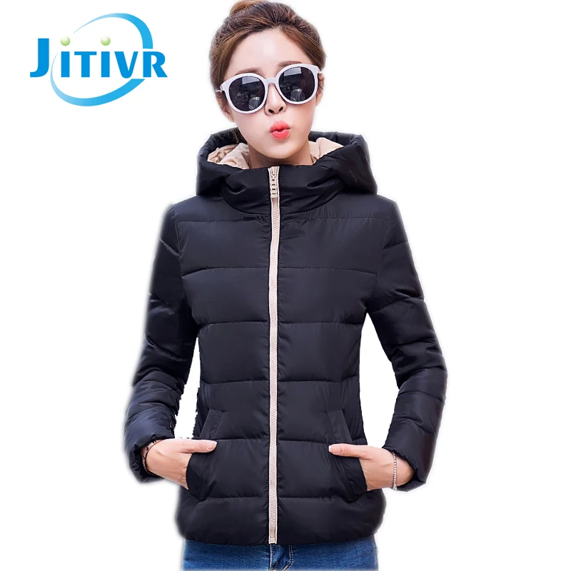 

Jitivr Hot Elegant Women's Stylish Slim Short Warm Cotton-padded Jacket Female New Sweet Solid Hooded Coat Autumn Winter 2016