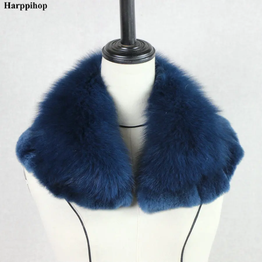 Harppihop* Женское зимнее пальто украшения на шею натуральный Лисий меховой воротник шарф с мехом кролика рекс кружева - Цвет: dark blue