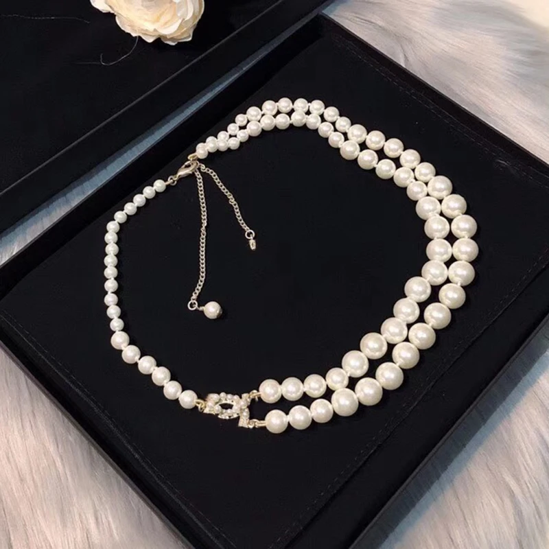 

Brand Fashion Jewelry For Women Simulated-pearl Neckalce Light Gold Color C Letter Pendants Two Layers Necklace Sweater Chain