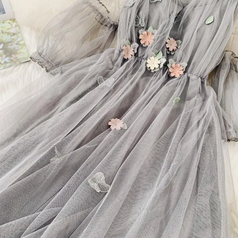 Женское милое платье с круглым воротником и рукавом средней длины, элегантное платье с объемным цветком и сеткой, Vestidos D676