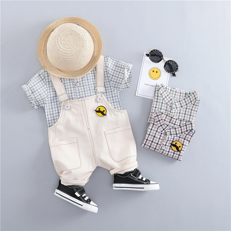 

2019 Summer Baby Boys Clothing Sets Kids Children Clothes Suits Plaid Shirt Bib Pants Infant Toddler Casual Suit
