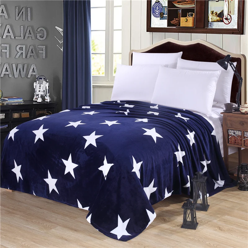 

White stars print Blue Summer Throws Multifunctional Flannel soft Blanket Winter bed sheet 150*200cm 200*230cm Thin blankets