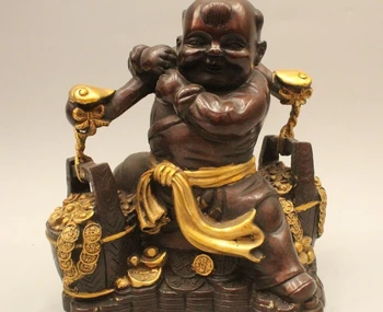 

9" China Chinese Folk Bronze Gild Wealth Boy Lad Carry Load Cask Statue Sculptur