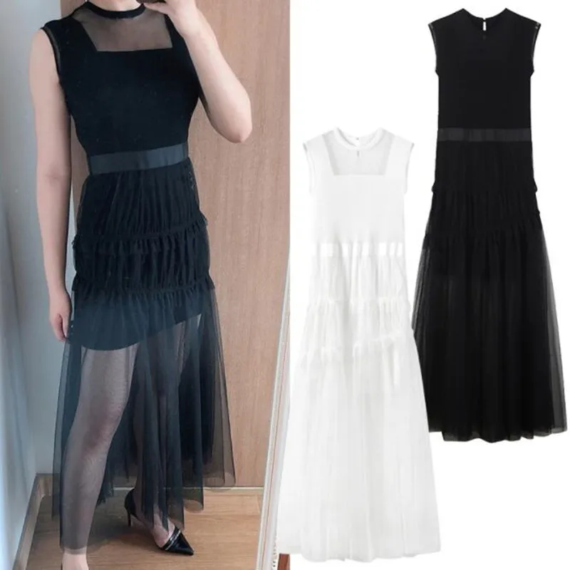 

Black White Dress Women Elegant Zippers Mesh Party Sundress Knitted Split Robe Summer Sleeveless Pullovers Boho Long Vestidos