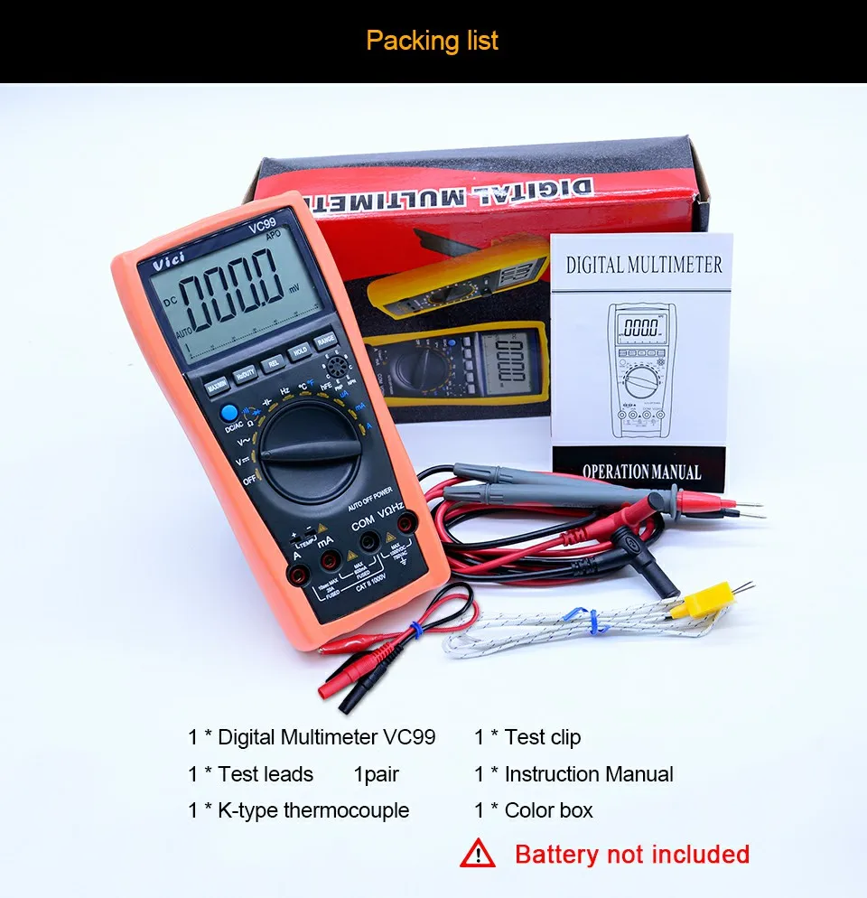 Vici VC99 Автоматический диапазон цифровой мультиметр DC/AC 20A 1000 В+ измеритель емкости сопротивления+ тепловой Термометр Тестер