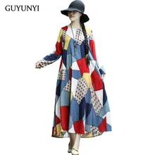 GUYUNYI Vintage vestido elegante 2020 primavera otoño patrón geométrico femenino Simple generoso Lino algodón suelto cómodo vestido C1041