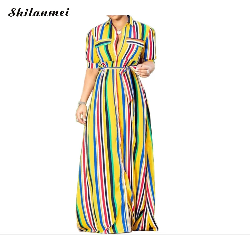 Short Sleeve Shirt Dress 2019 Summer Chiffon Boho Beach Dresses Women Casual Striped Print Loose Maxi Party Dress Vestidos 3XL