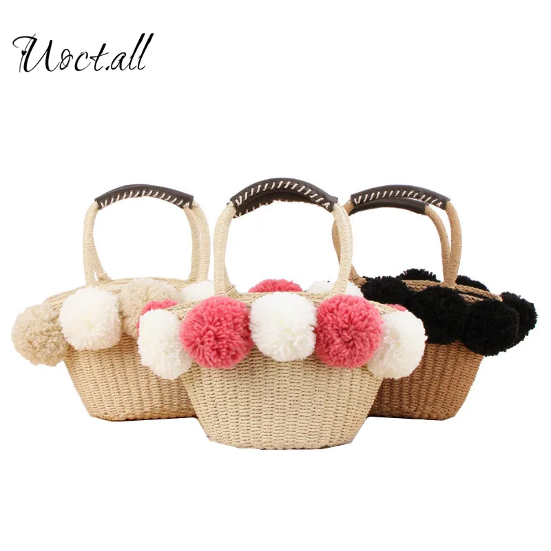 

Uoct.all Beach Bag Handmade Pom Ball Handbags Straw Baskets Summer Bohemia Holiday Shoulder Bags Market Women Shopping Tote bag