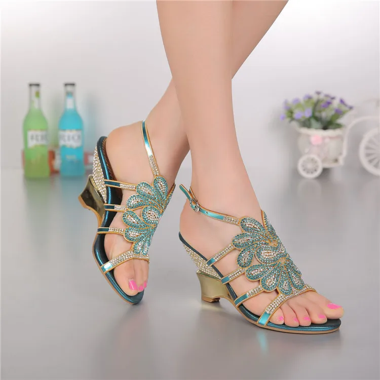 2016 Summer Crystal Rhinestone Wedding Shoes Size 11 High Heels Fashion Female Roman Bohemian Blue Wedge Sandals Good Quality4