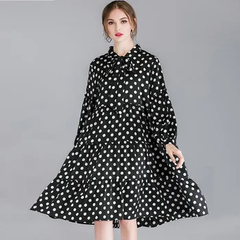 

2019Women Spring dress plus size cute chiffon Dress female turn down collar with bow loose fit flare dress casual vestidos XL-4X