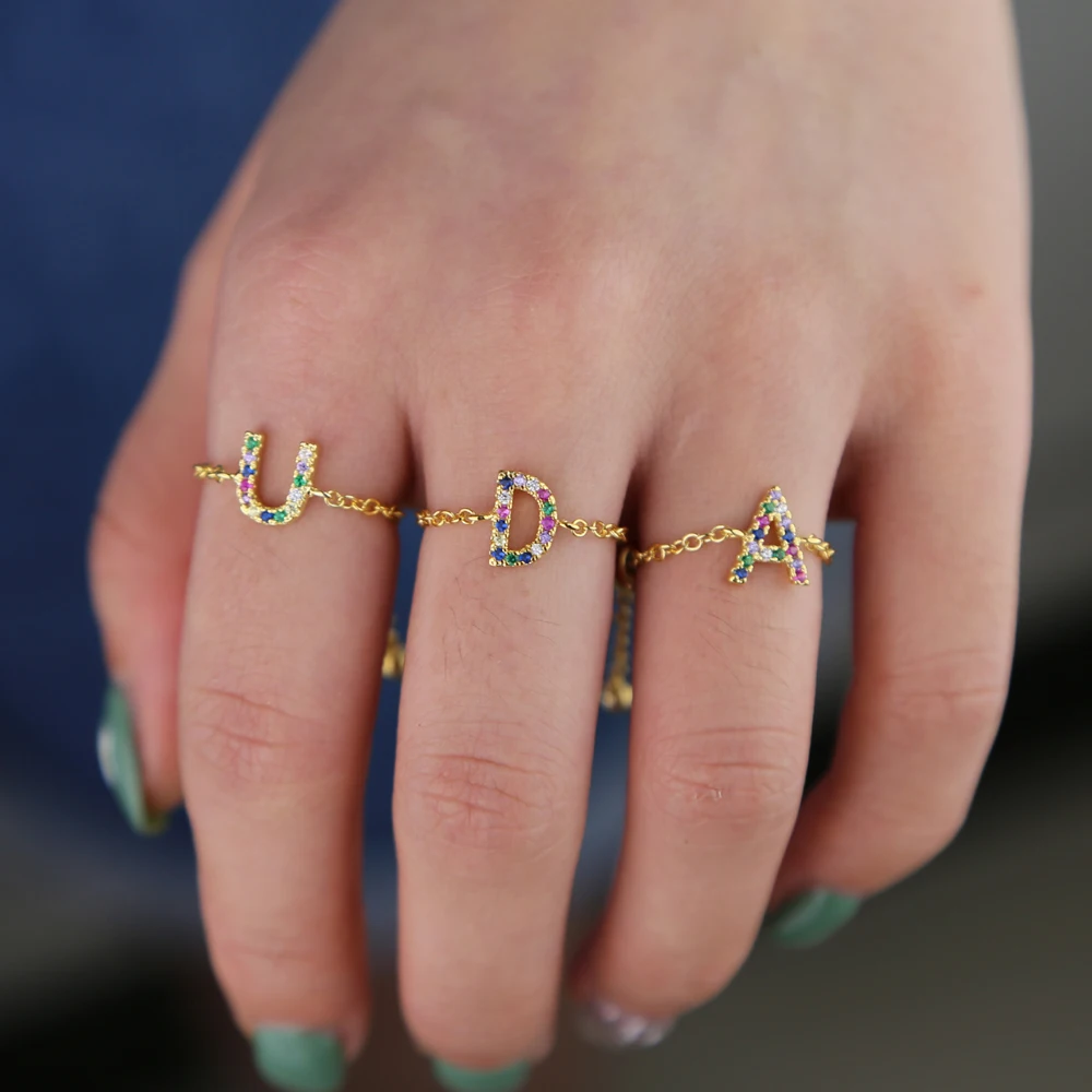 

rainbow cz paved initials 26 Alphabet gold chain slider ring midi women custom name personalized adjustable letter finger ring