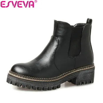 

ESVEVA 2018 Women Boots High Heels Synthetic Western Style Autumn and Spring Shoes PU Leather Square Heel Ankle Boots Size 34-43