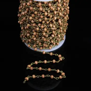 

3x4mm Small Natural Wood Rondelle beads Rosary Chain,Wooden beads Link Brass Wire Wrapped Chains Woman sweater chain Jewelry