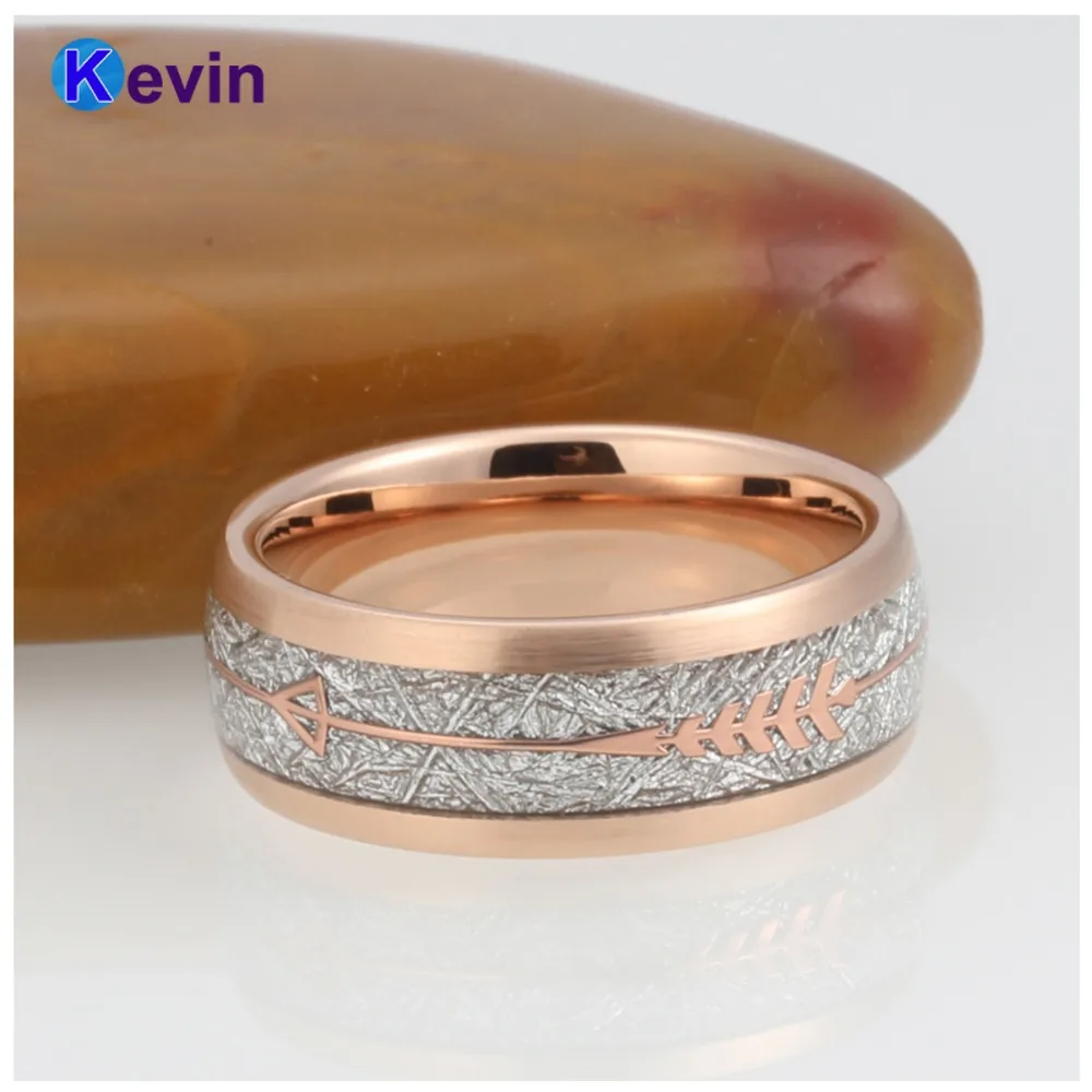 Обручальное кольцо из вольфрама для мужчин и женщин, розовое золото, со стальной стрелкой и вставкой из белого метеорита, Новое поступление