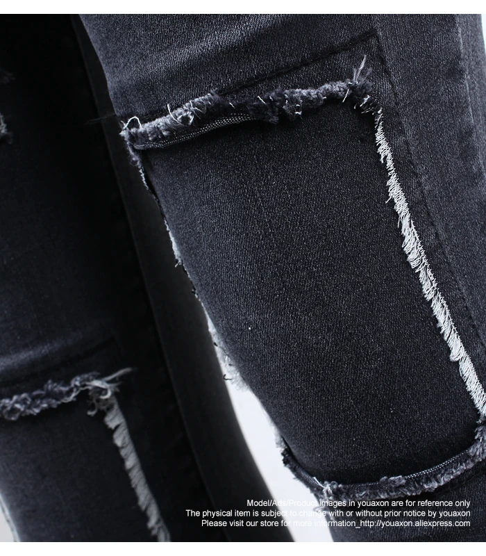 2098, Youaxon, черные лоскутные джинсы, новые, женские, средняя талия, рваные, тянущиеся, джинсовые брюки, рваные, обтягивающие джинсы, женские