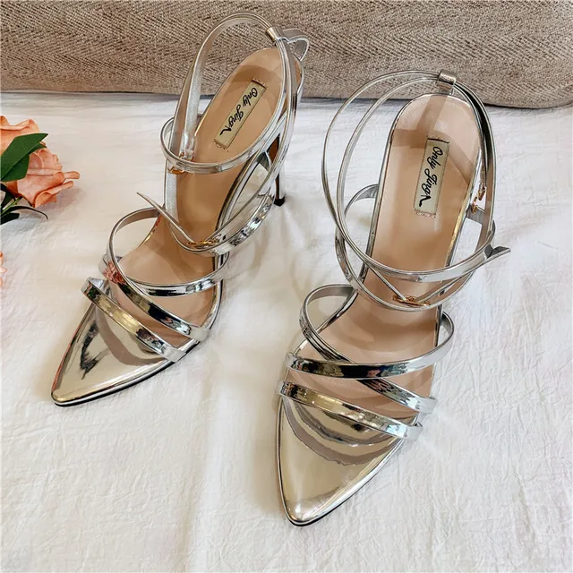 Free shipping fashion women sandals Casual Designer silver patent leather strappy Ankle-Wrap high heels sandals shoes 10cm 3