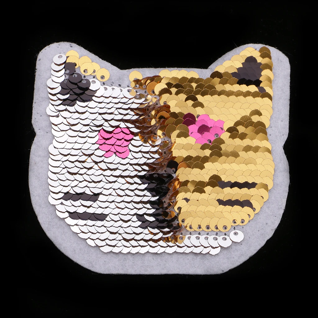 Catoon Cat Reversible Patch Embroidered Iron on Sew on Applique Glitter Sequin for Jeans T-shirts Clothing
