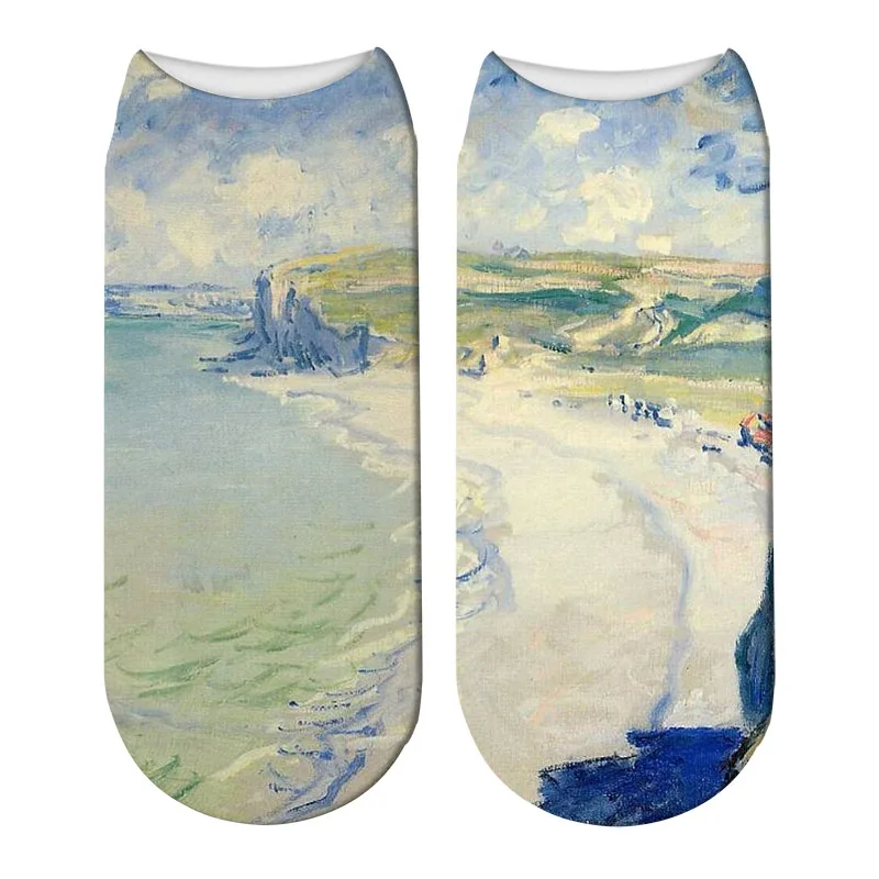 Новые 3D Ретро картины Клода Мона забавные женские носки Маковое поле короткие носки пляжные хризантемы волны ломающие носки - Цвет: 1