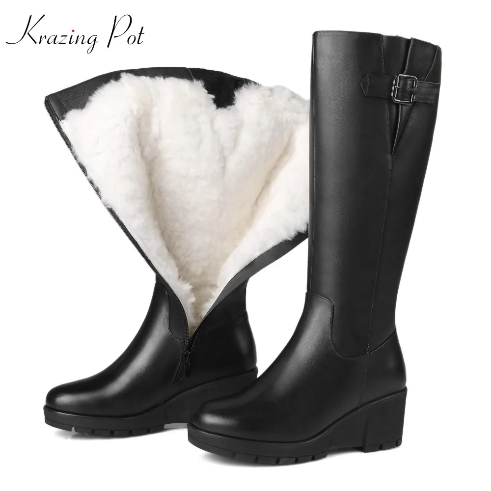 

Krazing Pot 2019 genuine leather round toe wool fur luxury shoes wedges high heels superstar zipper beauty thigh high boots L88
