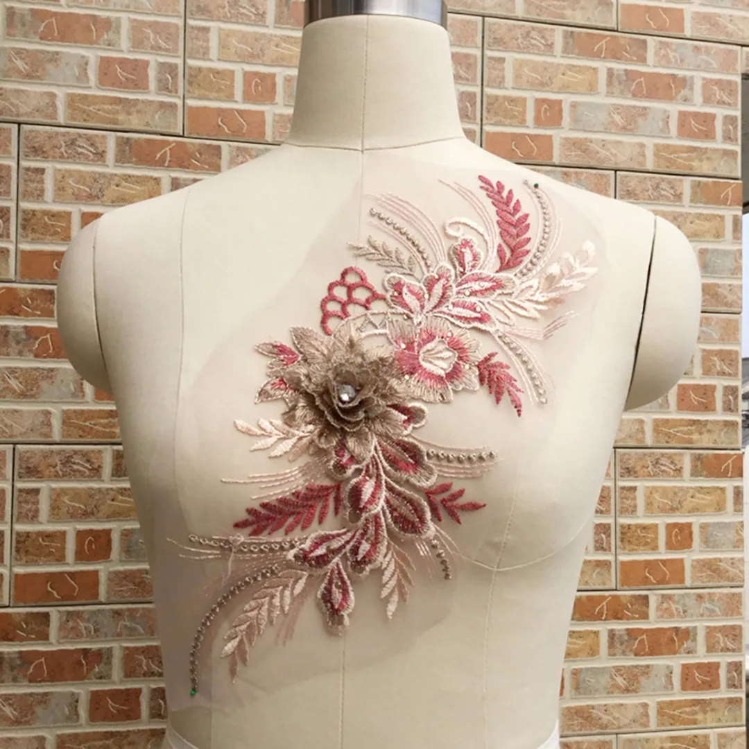39*16cm DIY Motif 3D Lace Flower Embroidery Bridal Applique Pearl Beaded Tulle