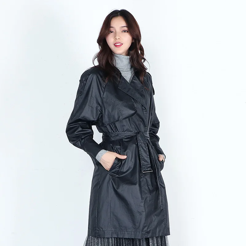 

Fashion Big Turn-down Collar Faux Leather Trench Coat Women Spring Elegant Long Coats 2019 New Arrival Womens Belt Windbreaker
