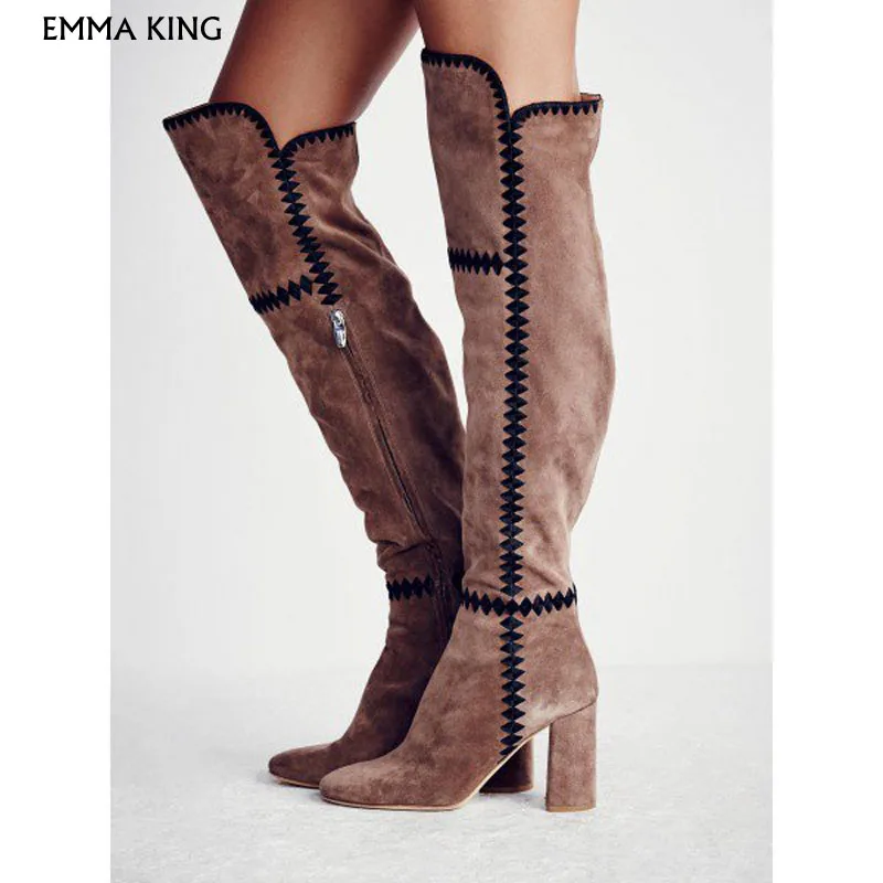 

Light Brown Suede Long Boots Chunky Heel Boots Work Booties Cocktail & Party Fashion Shoes Woman Plus Size Botas Mujer 35#-43#