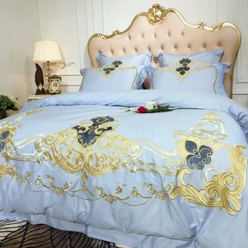 

Blue pink 100S Egyptian cotton Embroidery Royal Bedding sets Queen King Luxury Duvet cover Bed sheet set Pillowcases 4/ 6pcs
