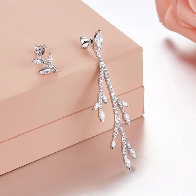 

[MeiBaPJ]Real 925 Sterling Silver Personality Branch Asymmetric Earrings for Women with AAA High Quality Stone Fine Jewelry