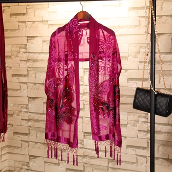 

Women Scarf Pashmina Fashion Shawls Velvet Silk Shawl Scarves Embroidery Butterfly Mantilla Handmade Beads Cape Muslim Hijab