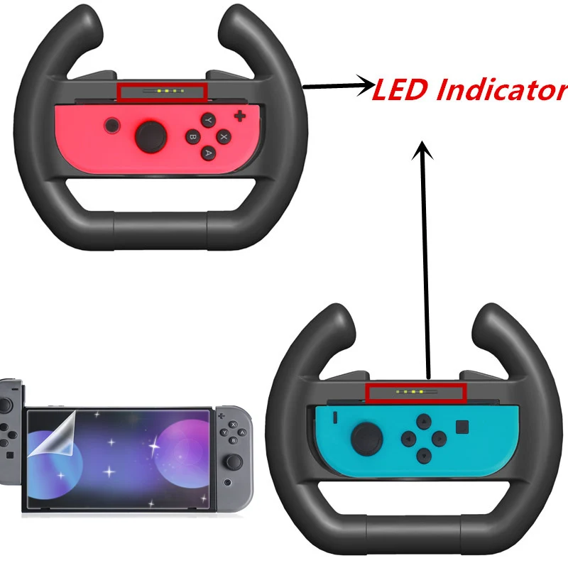 

Steering Wheel for Nintendo Switch NS Joy-Con Joycons Controller, Handle Grip Holder Upgrated LED Indicator W/ Screen Protector