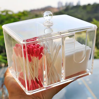 

1Pcs Home Storage Box Korean Transparent Cotton Swab Makeup Cotton Storage Box with Cover Desktop Cosmetics Organizer 10*11*15CM