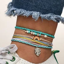 DIEZI богемные ручной работы Плетеные браслеты на ногу небесно-голубой веревки цепи листья ножной браслет Винтажные бусины камень браслеты для женщин ювелирные изделия