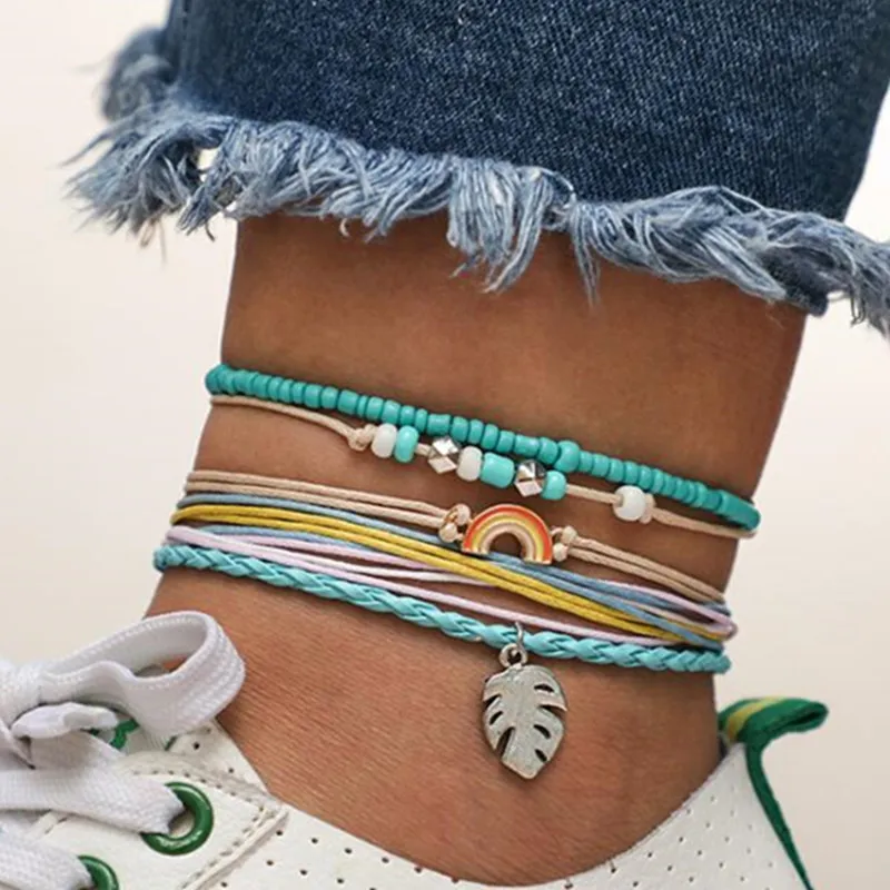 DIEZI Bohemian Handmade Weave Anklets Sky Blue Rope Chain Leaves Anklet Vintage Beads Stone Bracelets for Women Jewelry DIEZI Bohemian Handmade Weave Anklets Sky Blue Rope Chain Leaves Anklet Vintage Beads Stone Bracelets for Women Jewelry