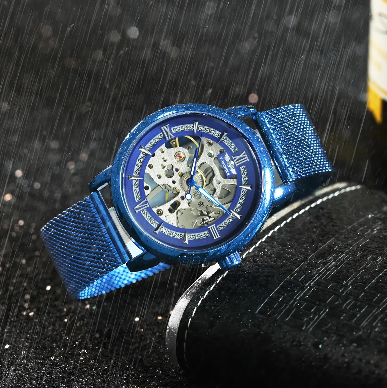 الفائز جديد أزياء عارضة الرجال الميكانيكية ووتش الأزرق شبكة حزام رقيقة جدا الهيكل العظمي الهاتفي للرجال ساعات الأعلى العلامة التجارية الفا...