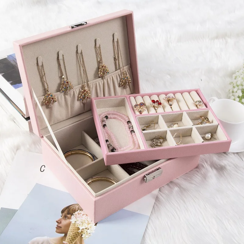 

European Style Jewelry Box Leather Makeup Organizer Double-layer Storage Box Earrings Necklace Trinket Box Jewelry Organizer Box