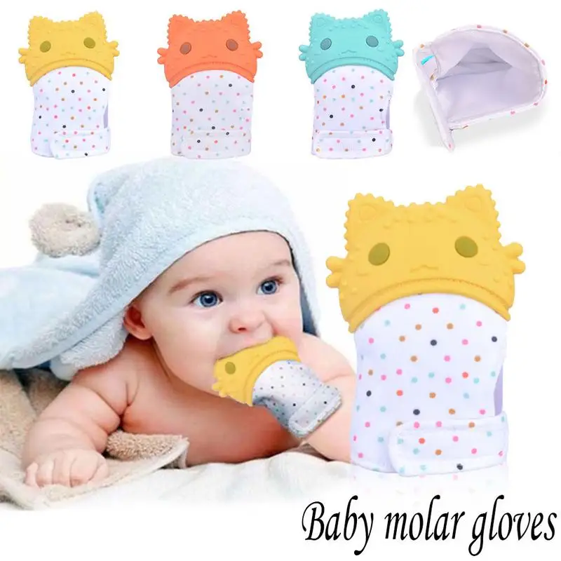 

Baby Silicone Mitts Cartoon Cat Pattern Teething Mitten Glove Wrapper Sound Teethers Food Grade Silicone Nursing Mittens Teether
