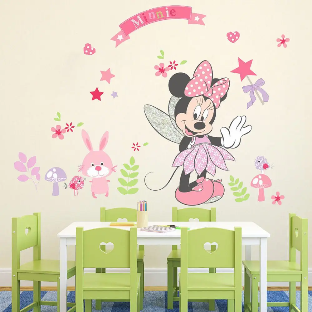 Розовые Настенные наклейки с Минни Маус, Мультяшные виниловые настенные наклейки, декор для детской комнаты для девочек