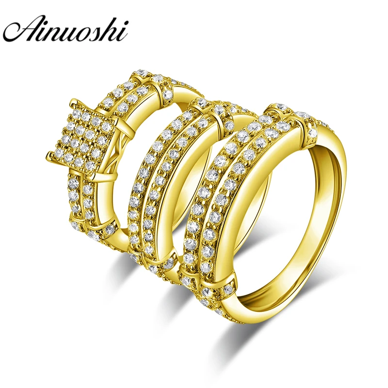 

AINUOSHI 9.7g Real Gold TRIO Ring Set Engagement Jewelry 10K Yellow Gold Couple Wedding Ring Delicate Double Drills Cluster Ring
