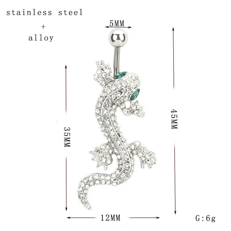 Животное дом ящерица Кристалл пирсинг тела, пупок пупка кольцо из нержавеющей стали 1 шт ящерица