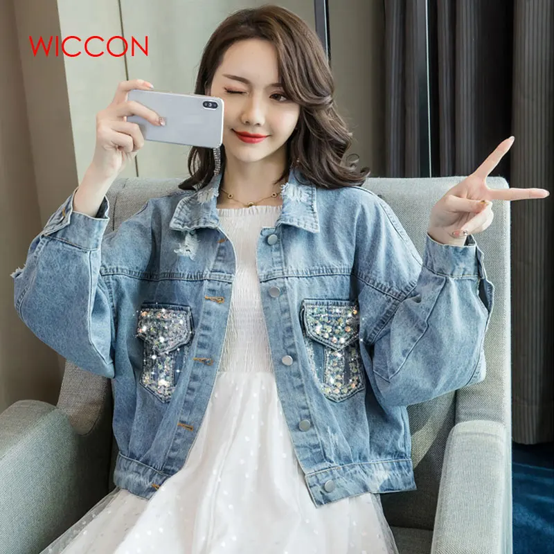 

Light Blue Denim Jacket Female Spring Autumn Beaded Pockets Short Loose Korean Version Wild Outerwear Jackets Casual Tops