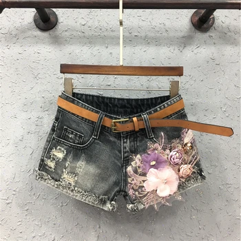 

straight denim women shorts solid flower embroidery sexy mini hole beaded wide leg night club sexy dance shorts top quality